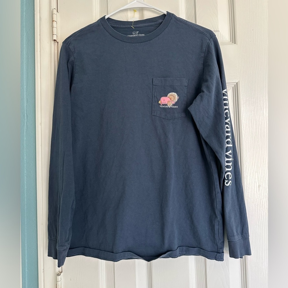 Vineyard Vines Kids Navy THANKSGIVING WHALE LS Shirt Boys L (16) - Picture 1 of 4